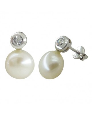 PENDIENTES CHATON ORO BLANCO 2.5MM Y PERLA 7/7.5MM.PRESION