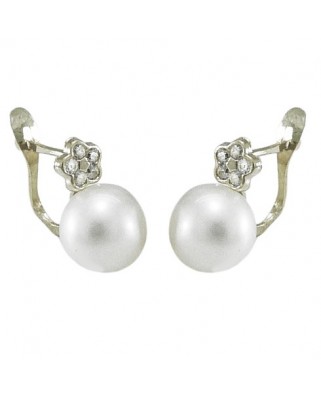 PENDIENTES COMUNION ORO BLANCO FLOR Y PERLA 7.5MM.CATALAN