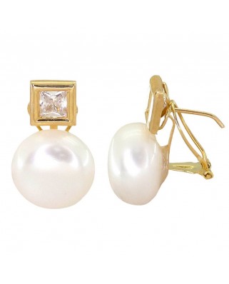 PENDIENTES CUADRADOS 7.5MM CON PERLA DE 12MM.OMEGA.