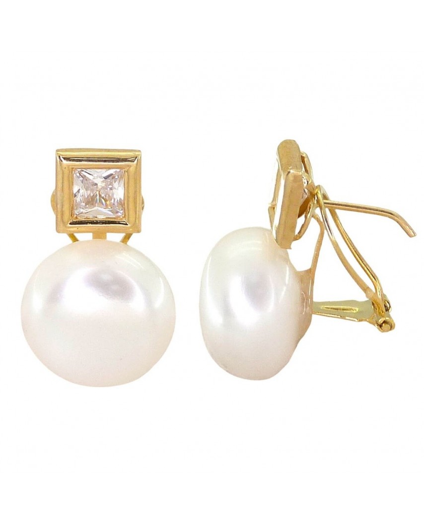 PENDIENTES CUADRADOS 7.5MM CON PERLA DE 12MM.OMEGA.