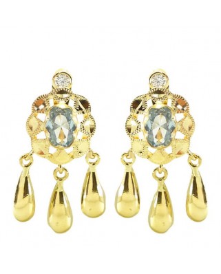 PENDIENTES CUBANA PIEDRA 6x4MM COLOR AGUAMARINA Y  3 LAGRIMAS.CATALAN.20MM.