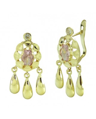 PENDIENTES CUBANA PIEDRA 6x4MM COLOR ROSA Y  3 LAGRIMAS.CATALAN.20MM.