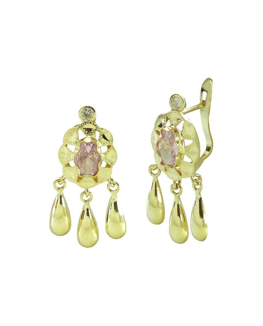 PENDIENTES CUBANA PIEDRA 6x4MM COLOR ROSA Y  3 LAGRIMAS.CATALAN.20MM.