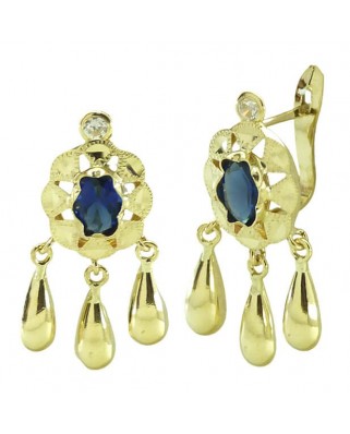 PENDIENTES CUBANA PIEDRA 6x4MM COLOR ZAFIRO Y  3 LAGRIMAS.CATALAN.20MM.