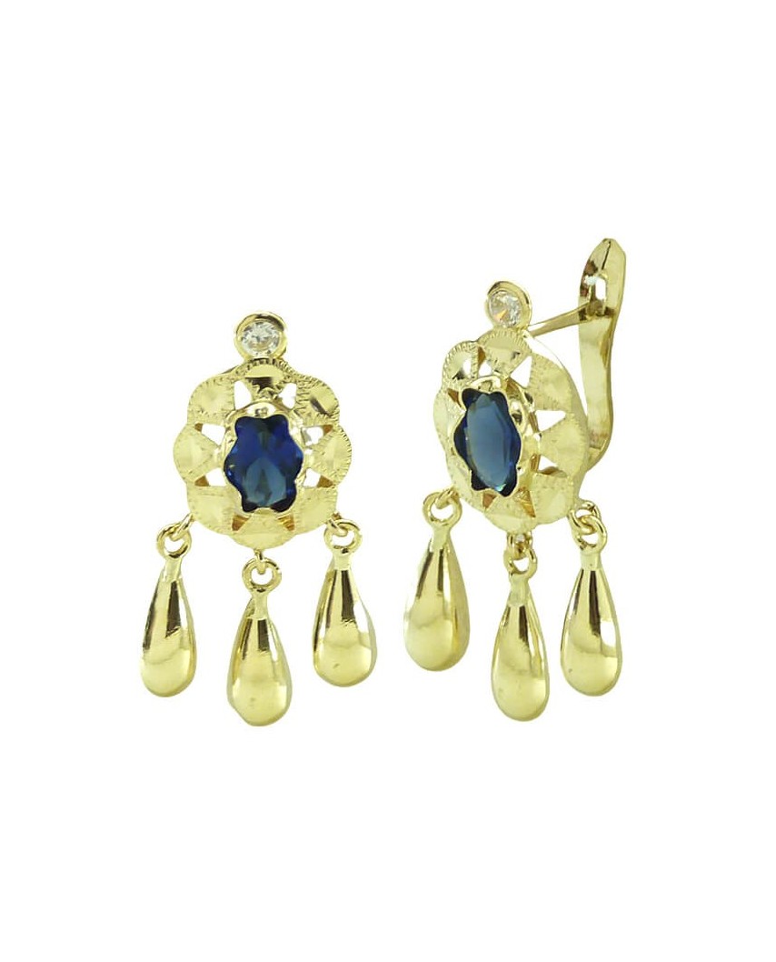 PENDIENTES CUBANA PIEDRA 6x4MM COLOR ZAFIRO Y  3 LAGRIMAS.CATALAN.20MM.