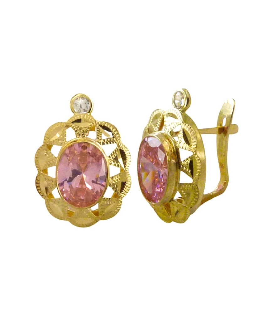 PENDIENTES CUBANA PIEDRA DE  6x4MM COLOR ROSA. 14x9MM.