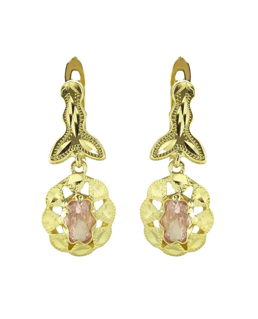 PENDIENTES CUBANA PIEDRA DE 6x4MM ROSA,CON MOSCA. 22MM.