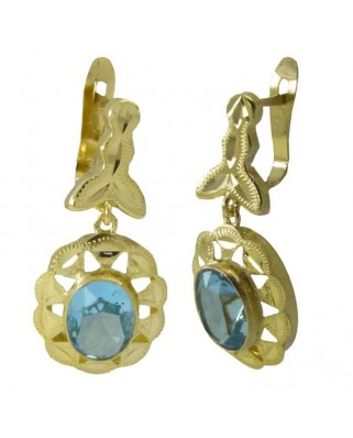 PENDIENTES CUBANA PIEDRA DE 8x6MM COLOR AGUAMARINA,CON MOSCA. 22MM.