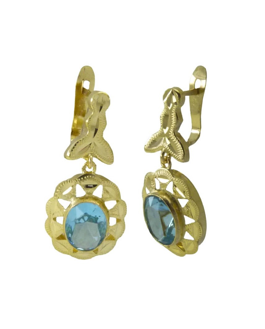 PENDIENTES CUBANA PIEDRA DE 8x6MM COLOR AGUAMARINA,CON MOSCA. 22MM.