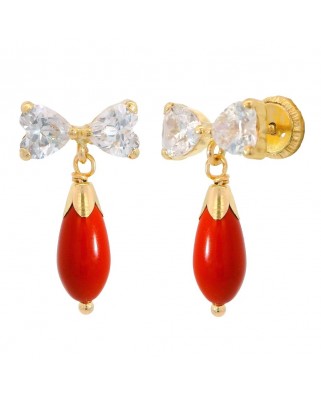 PENDIENTES LAZO 2 CORAZONES 4x4  Y PERITA COLOR CORAL