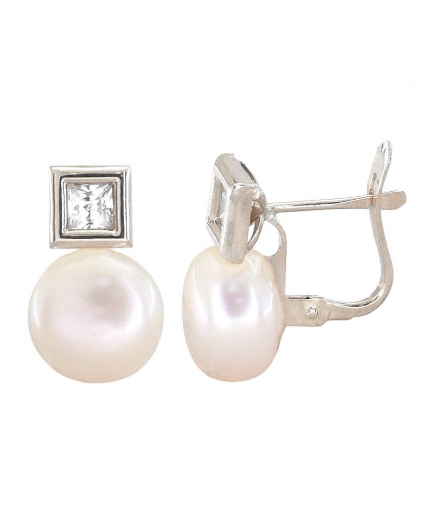 PENDIENTES ORO BLANCO CUADRADOS 6MM Y PERLA BOTON DE 10MM CATALAN