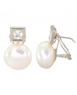 PENDIENTES ORO BLANCO CUADRADOS 7.5MM PERLA12MM OMEGA.