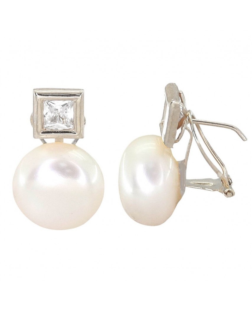 PENDIENTES ORO BLANCO CUADRADOS 7.5MM PERLA12MM OMEGA.