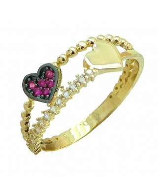 SORTIJA DOS CORAZONES CON CIRCONITAS ROSAS.