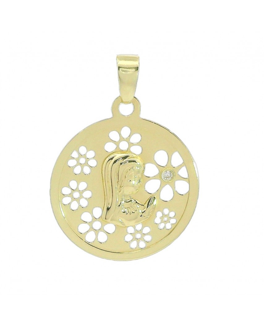 MEDALLA VIRGEN NIÑA REDONDA CALADA FLORES 20 MM