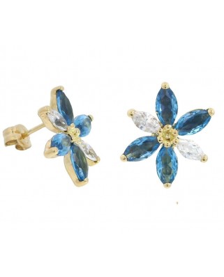 PENDIENTES 6 PETALOS COMBIANADOS COLOR AGUAMARINA Y CIRCONITA 13MM